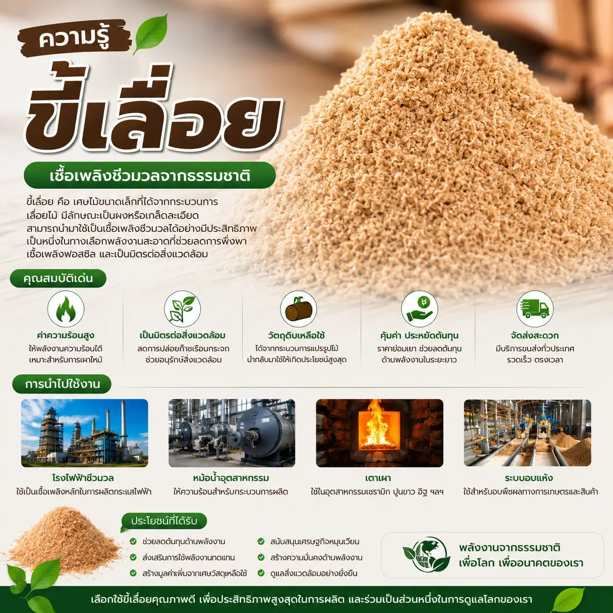 ขี้เลื่อย เชื้อเพลิงชีวมวลจากธรรมชาติ “พลังงานจากธรรมชาติ เพื่อโลก เพื่ออนาคตของเรา”